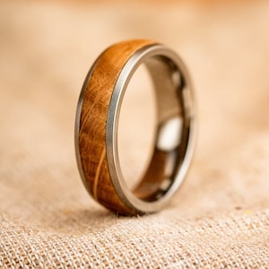 Titanium wooden ring, wooden inlay mens wedding ring with oak inlay band, titanium ring, engagement ring, fine matt brushed metal finish