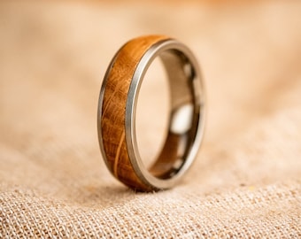 Titanium wooden ring, wooden inlay mens wedding ring with oak inlay band, titanium ring, engagement ring, fine matt brushed metal finish