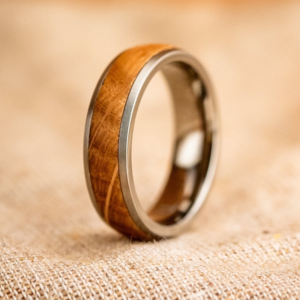 Titanium wooden ring, wooden inlay mens wedding ring with oak inlay band, titanium ring, engagement ring, fine matt brushed metal finish