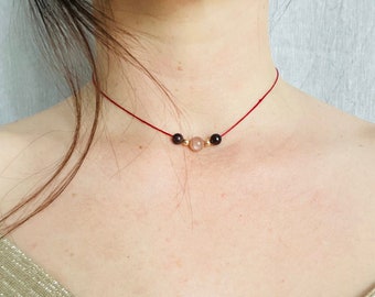 Garnet Sunstone and 14k Gold w/ Linen Gemstone Choker Crystal Necklace Healing Crystal Cord Jewellery Stocking Stuffer for Her Gifts for Her