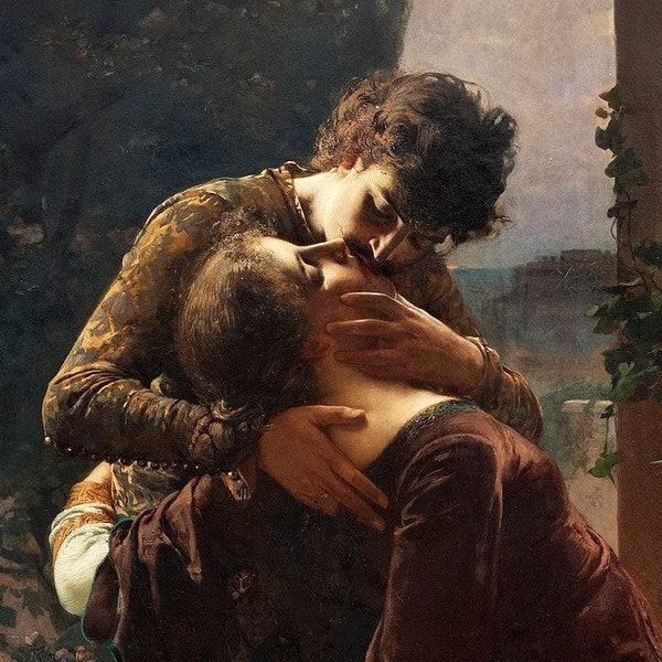 Julius Kronberg Romeo and Juliet on the Balcony Lovers Kiss Embrace Print Digital Download Romantic Angels Artwork Man and Woman Painting