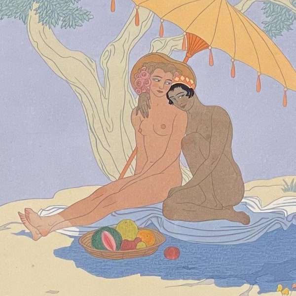 George Barbier Lesbians Akt Frauen am Strand Vintage Erotik Jugendstil 1920er Jahre Lesbian Lovers Sex Print Kunstwerk Lesbian Lovers Painting