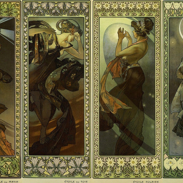 Alphonse Mucha Lune et Etoiles Celestial Moon Stars Belle Epoque Art Nouveau Muse Goddess Print Fantastical Print Vintage Female Print