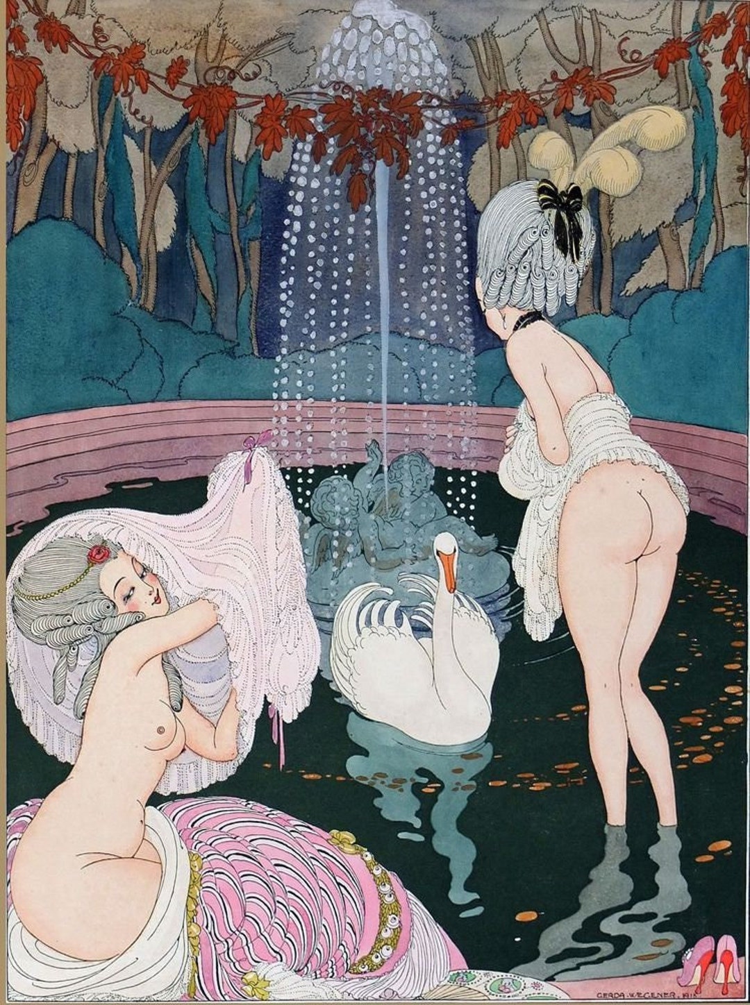 Gerda Wegener Leda Nude Women and Swan 1920s Lovers Sex Print