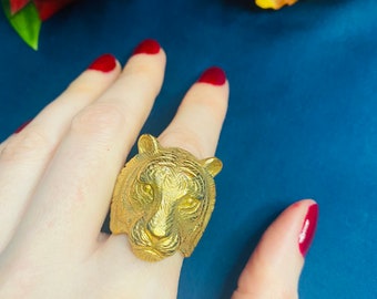 Tiger Ring Gold Spirit Animal Ring Gold Plated Stainless Steel Statement Ring Gifts for Her Stocking Stuffers for Her Gifts for Him