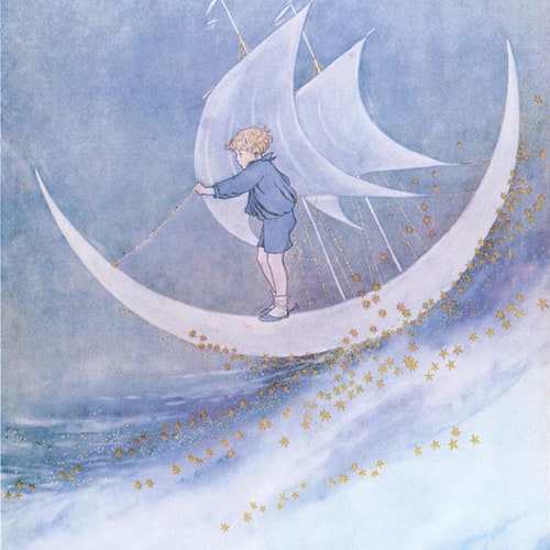 Boy Sailing Moon Stars Celestial Illustration Ida Rentoul Outhwaite Children Magical Illustration Print Digital Download Boy Nursery Print