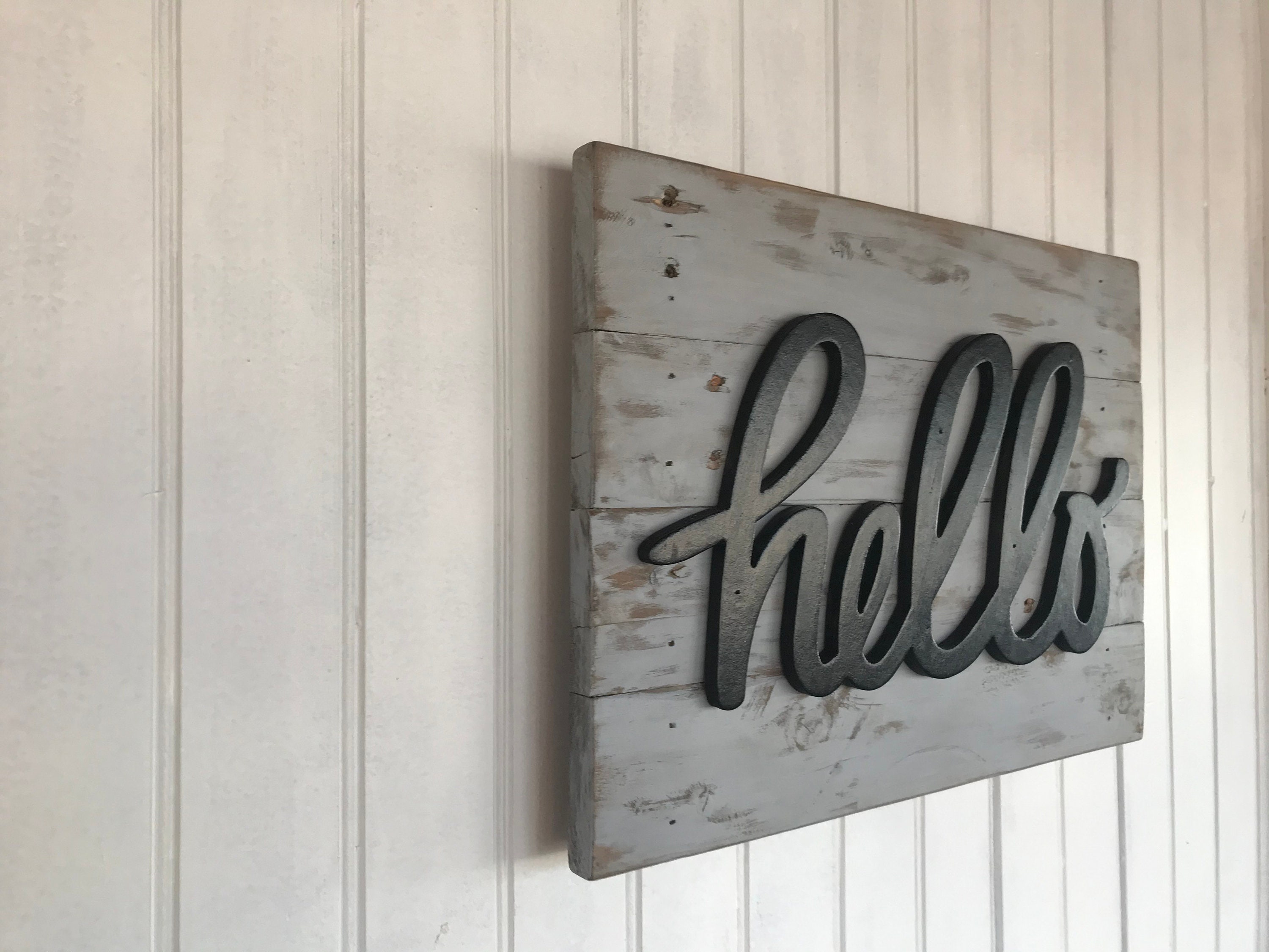 Rustic Wood Hello Sign Reclaimed Wood Living Room Decor Etsy