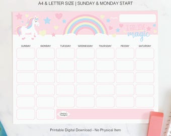 Calendario perpetuo stampabile con unicorno | Agenda mensile per bambini con design arcobaleno e unicorno | Download immediato