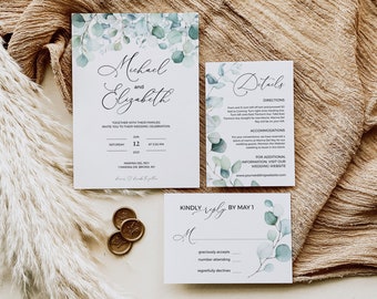 Eucalyptus Wedding Template Bundle, Wedding Invitation Template Download, Greenery Wedding Invitation, Boho Watercolor Wedding Invite