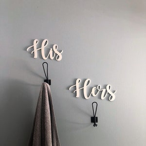 His and Hers Towel Hooks Wood Words Towel Rack Couples Gift Bathroom Signs New Home Gift Wall Decor Realtor Closing Gift image 1