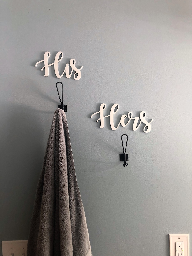 His and Hers Towel Hooks Wood Words Towel Rack Couples Gift Bathroom Signs New Home Gift Wall Decor Realtor Closing Gift image 1