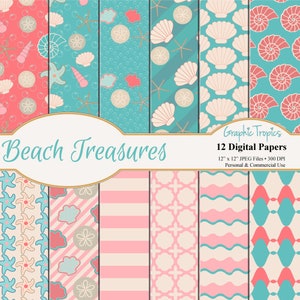 Beach Treasures Paper Set | Nautical Digital Download, Seashell Anchor Patterns, Backgrounds, Ocean Scrapbook Paper Pack, Commercial Use