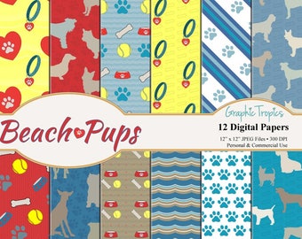 Beach Pups Digital Scrapbook Paper Set | Beach Dogs Digital Download, Dog Patterns, Puppy Patterns, Scrapbooking Paper Pack, Commercial Use