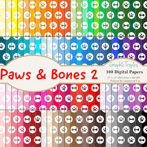 Puede incluir: Un conjunto de 100 papeles digitales con un patrón de huella de pata y hueso en varios colores. Los papeles miden 30,48 cm por 30,48 cm y 300 DPI. Son para uso personal y comercial.