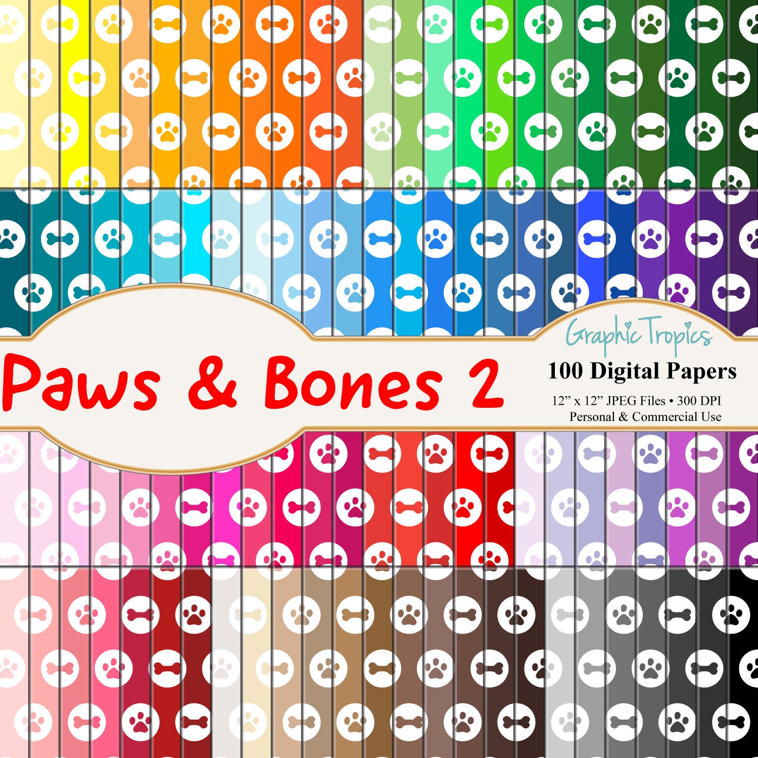 100 Circles Dog Paws & Bones Digital Paper Scrapbook Colors | Doggy ...