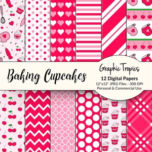Baking Cupcakes Paper Set | Cupcake Digital Download, Cooking Patterns, Backgrounds, Baking Scrapbook Paper Pack, Cupcakes, Commercial Use