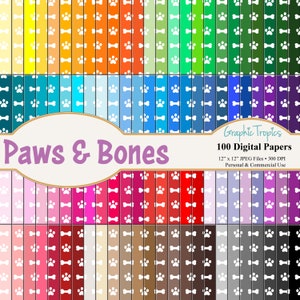 100 Dog Paws & Bones Digital Paper Scrapbook Colors | Doggy Bones Digital Paper Pack, Dog Paws Paper, Bone Scrapbooking Page, Commercial Use