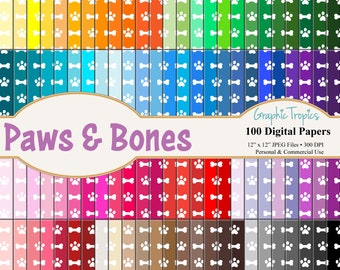100 Dog Paws & Bones Digital Paper Scrapbook Colors | Doggy Bones Digital Paper Pack, Dog Paws Paper, Bone Scrapbooking Page, Commercial Use
