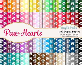 100 Paw Hearts Digital Paper Scrapbook Colors | Paws Hearts Digital Paper Pack, Paw Print Paper, Hearts Scrapbooking Page, Commercial Use