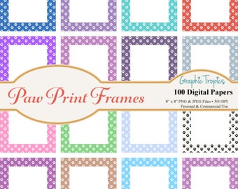 100 Paw Print Frames Clipart | Paw Prints Instant Download, Picture Frames, Scrapbook Clipart Pack, Commercial Use, Digital Art, JPEG, PNG