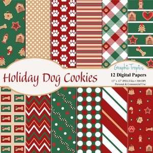 Holiday Dog Cookies Digital Paper | Christmas Dog Digital Pages, Gingerbread Cookies, Instant Download, Scrapbook Paper, Commercial Use