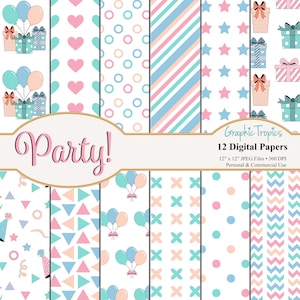 Party Paper Set | Birthday Party Digital Download, Party Patterns, Backgrounds, Presents Scrapbook Paper Pack, Balloons, Commercial Use