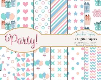 Party Paper Set | Birthday Party Digital Download, Party Patterns, Backgrounds, Presents Scrapbook Paper Pack, Balloons, Commercial Use