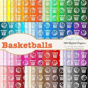 100 Basketballs & Hoops Digital Paper Scrapbook Colors | Digital Download, Basketball Pattern Pages, Scrapbook Paper Pack, Commercial Use