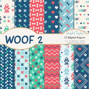 Woof 2-Puppy Paper Set | Puppy Dog Digital Download, Dog Paws Patterns, Backgrounds, Dog Bones Scrapbook Paper Pack, Puppies, Commercial Use