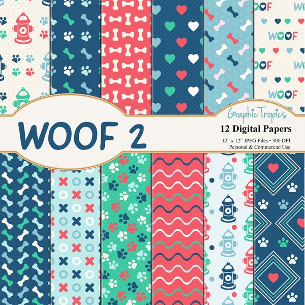 Woof 2-Puppy Paper Set | Puppy Dog Digital Download, Dog Paws Patterns, Backgrounds, Dog Bones Scrapbook Paper Pack, Puppies, Commercial Use