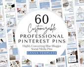 60 Blue Pinterest Pin Templates, Canva Blue Minimalist Template, Social Media Template, Pinterest Pins Template, Canva Social Media Pins