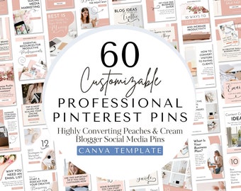 60 Peaches & Cream Pinterest Pin Templates, Canva Blogger Template (Digital Download), Blogger Pin Template, Boho Pinterest Social Media Pin