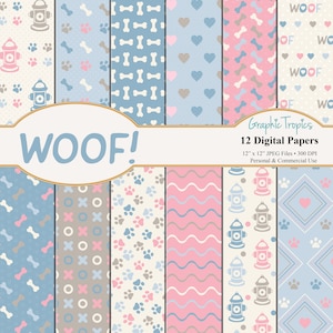 Woof! Puppy Paper Set | Puppy Dog Digital Download, Dog Paws Patterns, Backgrounds, Dog Bones Scrapbook Paper Pack, Puppies, Commercial Use