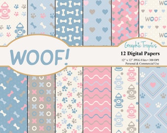 Woof! Puppy Paper Set | Puppy Dog Digital Download, Dog Paws Patterns, Backgrounds, Dog Bones Scrapbook Paper Pack, Puppies, Commercial Use