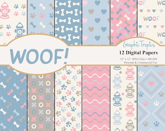 Woof! Puppy Paper Set | Puppy Dog Digital Download, Dog Paws Patterns, Backgrounds, Dog Bones Scrapbook Paper Pack, Puppies, Commercial Use