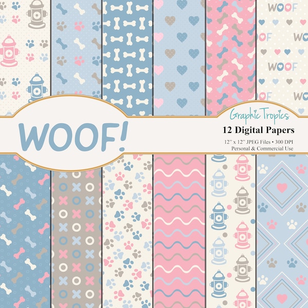 Woof! Puppy Paper Set | Puppy Dog Digital Download, Dog Paws Patterns, Backgrounds, Dog Bones Scrapbook Paper Pack, Puppies, Commercial Use