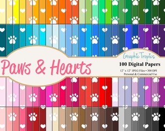100 Paws & Hearts Digital Paper Scrapbook Colors | Paws Hearts Digital Paper Pack, Paw Print Paper, Hearts Scrapbooking Page, Commercial Use