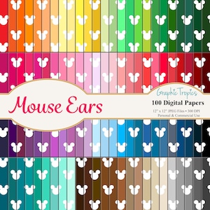 100 White Mouse Ears Digital Paper Colors | Digital Download, Mouse Patterns, Backgrounds, Scrapbook Paper Pack, Commercial Use, Mouse Head
