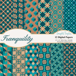 Tranquility Digital Scrapbook Paper Set | Aqua & Brown Digital Pages, Turquoise Scrapbooking, Printable Scrapbook Paper Pack, Commercial Use