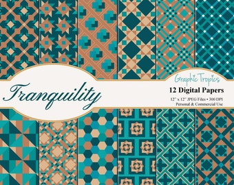 Tranquility Digital Scrapbook Paper Set | Aqua & Brown Digital Pages, Turquoise Scrapbooking, Printable Scrapbook Paper Pack, Commercial Use