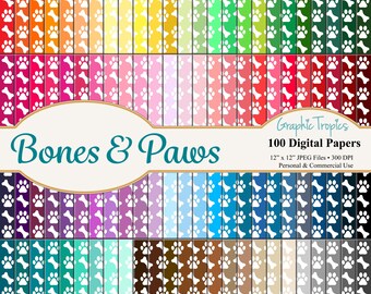 100 Dog Bones & Paws Digital Paper Scrapbook Colors | Doggy Bones Digital Paper Pack, Dog Paws Paper, Bone Scrapbooking Page, Commercial Use