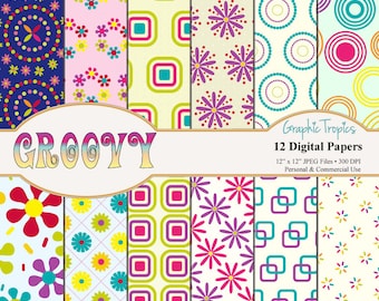 Groovy Paper Set | 60&#39;s Digital Download, Retro Patterns, Backgrounds, Scrapbook Paper Pack, Flower Patterns, 60s Patterns, Commercial Use