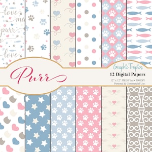 Purr! Kitty Paper Set | Kitty Cat Digital Download, Cat Paws Patterns, Backgrounds, Cat Scrapbook Paper Pack, Kittens Paper, Commercial Use