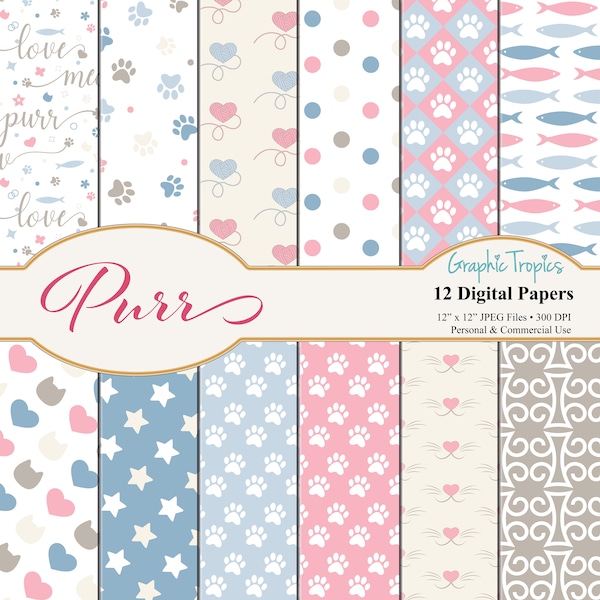 Purr! Kitty Paper Set | Kitty Cat Digital Download, Cat Paws Patterns, Backgrounds, Cat Scrapbook Paper Pack, Kittens Paper, Commercial Use