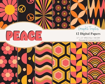 Peace Paper Set | 70's Digital Download, Retro Patterns, Backgrounds, Scrapbook Paper Pack, Flower Patterns, 70s Patterns, Commercial Use