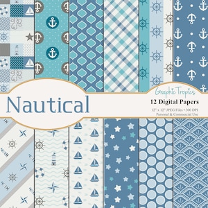 Nautical Digital Paper Scrapbook Set | Nautical Digital Pages, Sailboat, Anchor, Instant Download, Lighthouse, Scrapbook Paper, Commercial