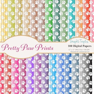 100 Pretty Paw Prints Digital Paper Scrapbook Colors | Paw Digital Paper Pack, Paw Prints Paper, Dog, Cat Scrapbooking Page, Commercial Use