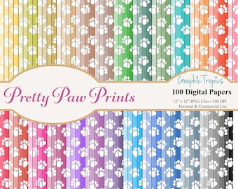 May include: A set of 100 digital papers featuring a paw print pattern in various colors. The papers are 12 inches by 12 inches and 300 DPI. They are for personal and commercial use.