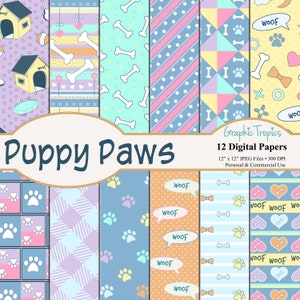 Puppy Paws Paper Set | Puppy Dog Digital Download, Dog House Patterns, Backgrounds, Dog Bones Scrapbook Paper Pack, Puppies, Commercial Use