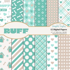 Ruff! Puppy Paper Set | Puppy Digital Download, Dog House Patterns, Paw Backgrounds, Dog Bones Scrapbook Paper Pack, Puppies, Commercial Use